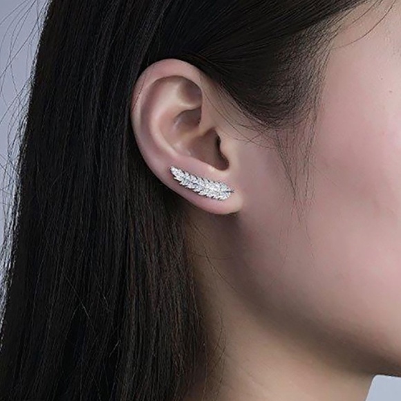 Silver or gold feather climber earrings diamond - Picture 2 of 8